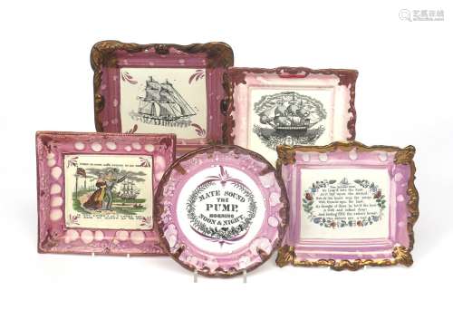 Five Sunderland lustre plaques 19th century, four rectangular and variously printed, two with
