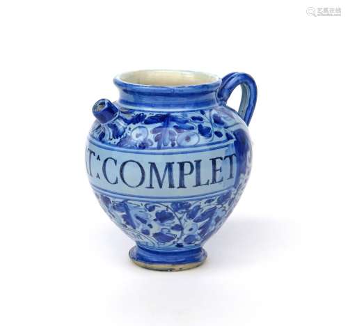 An Italian maiolica berettino syrup or wet drug jar dated 1747, possibly Marchigian, the large ovoid