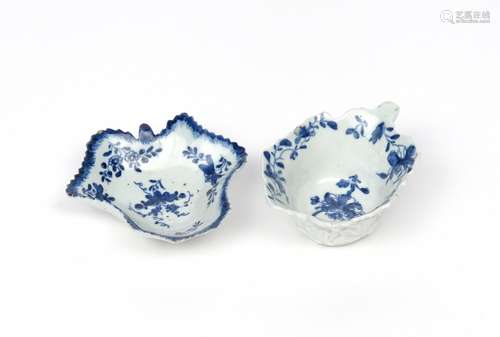 A Worcester blue and white butterboat and a pickle dish c.1758-65, the butterboat moulded with