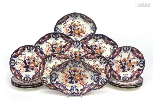 A Derby part dessert service c.1830, richly decorated in the Imari palette with flowering plants