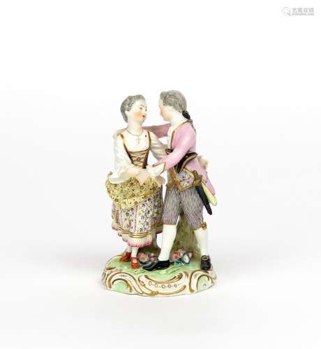 A Derby figure group of a dancing couple c.1800, after Meissen, a young gallant encircling his right