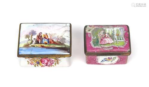 Two Staffordshire enamel snuff boxes 2nd half 18th century, one painted to the cover with Harlequin,