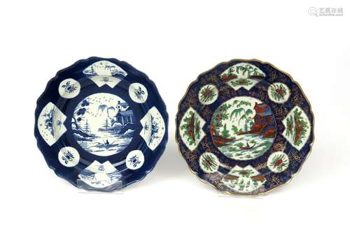 Two Worcester plates c.1770, both decorated with a figure in a boat in a Chinese landscape, the