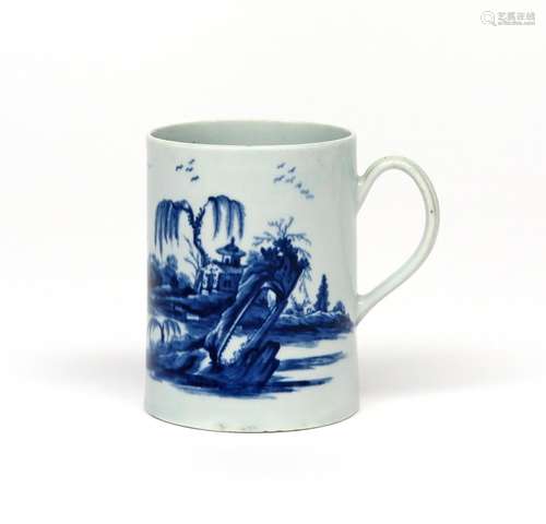 A rare Worcester blue and white mug c.1758-60, painted in a previously unrecorded pattern of a