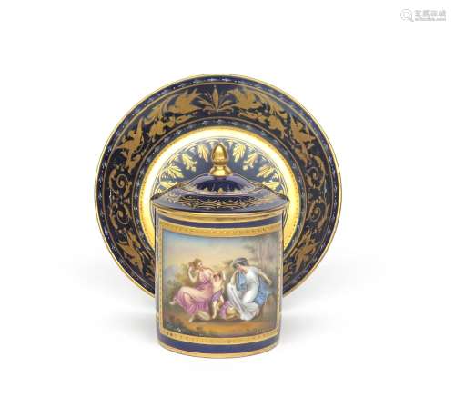 A Vienna-style cabinet cup with cover and stand late 19th century, painted with a putto between