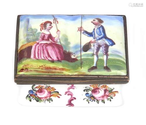 An English enamel double snuff box c.1770-80, the rectangular form with a moulded cover, painted