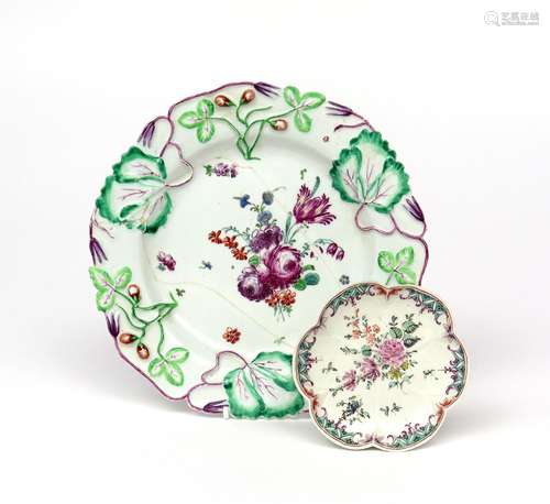 A rare Longton Hall saucer or stand c.1755, moulded with six petals, the well painted in the Trembly