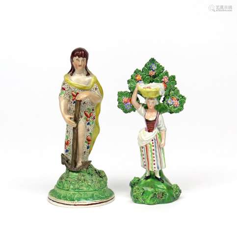 Two pearlware figures early 19th century, one of Hope modelled as a young girl holding a large