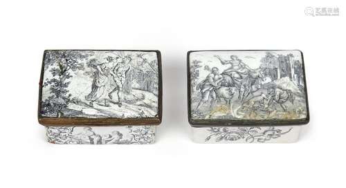 Two Birmingham enamel snuff boxes c.1760, one printed with the Haymakers to the cover, the