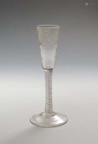 An engraved ratafia glass c.1765, the slender funnel bowl moulded with vertical flutes at the