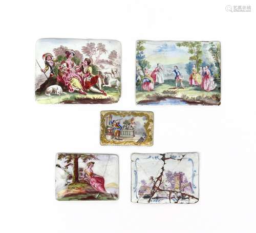 Five English enamel rectangular plaques or box covers 2nd half 18th century, one printed and