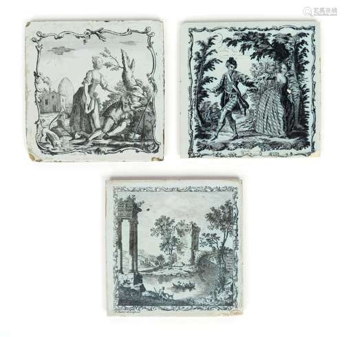 Three Liverpool delftware tiles c.1757-61, printed in black by John Sadler, one with a milkmaid