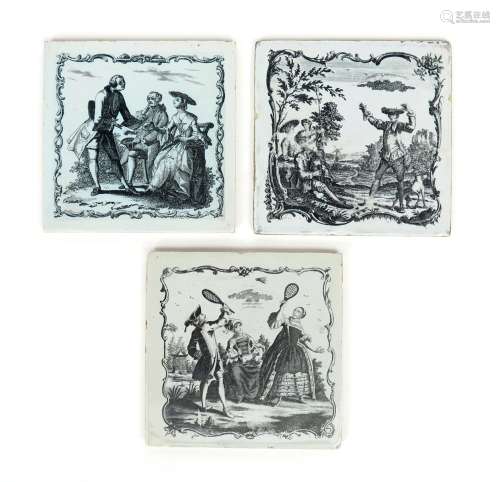 Three Liverpool delftware tiles c.1757-61, printed in black by John Sadler, one with a man dancing