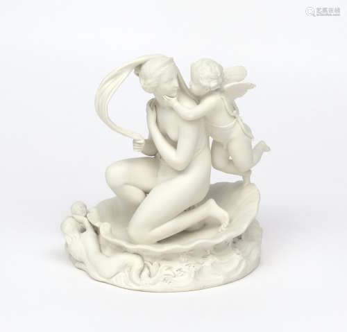 A Minton Parian figure of Venus and Cupid date code for 1860, the putto holding the goddess's face