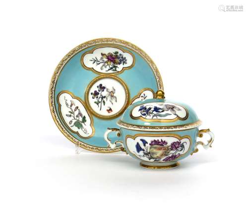 A Meissen ecuelle with cover and stand c.1740, finely painted in the manner of J G Klinger with