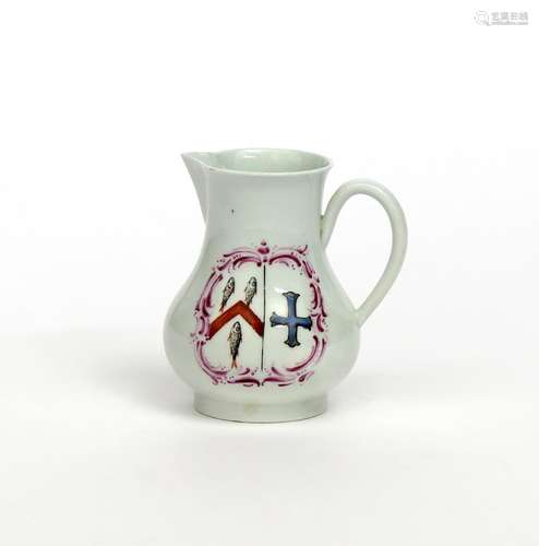 A Philip Christian (Liverpool) armorial milk jug c.1768, painted in polychrome enamels with the arms