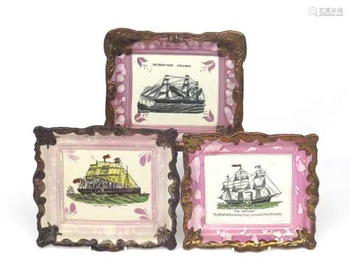 Three Sunderland lustre rectangular plaques 19th century, printed and coloured with views of