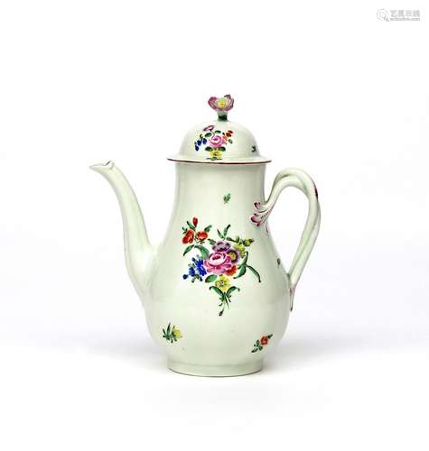 A Worcester coffee pot and cover c.1765, the baluster form painted with colourful flower sprays