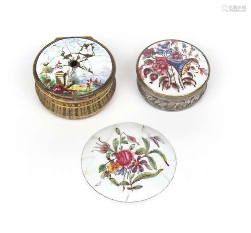 Two circular snuff boxes late 18th century, with metal bases and enamel lids, one painted with