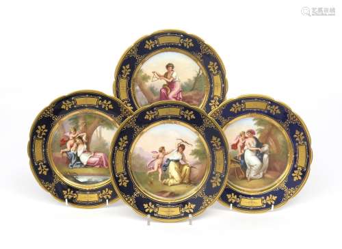 A set of four Vienna-style cabinet plates late 19th century, variously painted with scenes of