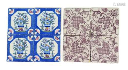 Four Delft tiles early 18th century, painted in manganese with a formal foliate design, and four