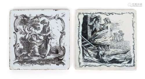 Two Liverpool delftware tiles c.1757-61, printed by John Sadler, one with a couple standing by a