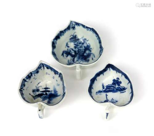 Two Lowestoft blue and white butterboats c.1775, the deep leaf shapes painted to the interiors,