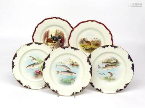 Five Royal Worcester Vitreous ichthyological and ornithological plates date codes for 1898, three
