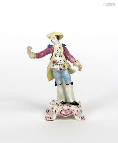 A Bow figure of a male dancer c.1760-65, standing and turning towards his extended right arm, his