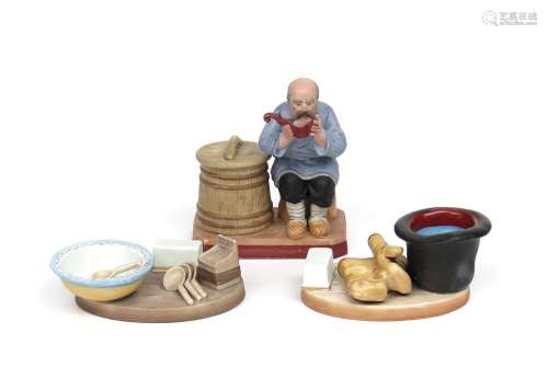 A Russian biscuit porcelain figure of a peasant at his supper 19th/20th century, Gardner