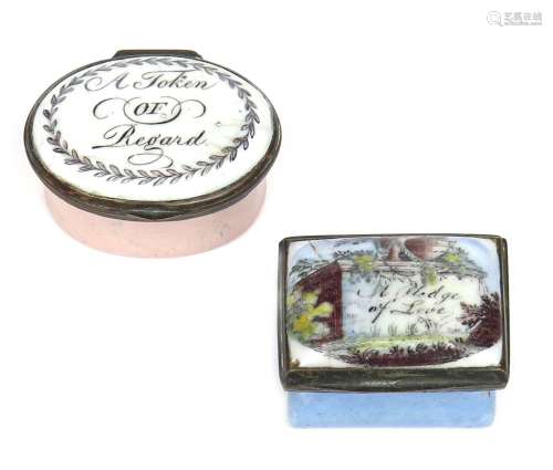 Two Staffordshire enamel patch boxes c.1770, one oval and inscribed 'A Token of Regard' in black