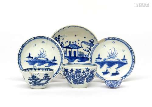 Two English porcelain miniature teabowls and three saucers c.1770-90, one teabowl Lowestoft and