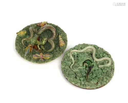 Two Portuguese Palissy type dishes late 19th/20th century, each with a snake encircling a mossy