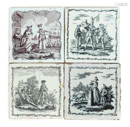 Four Liverpool delftware tiles c.1757-61, printed by John Sadler, one in manganese with the Sailor's