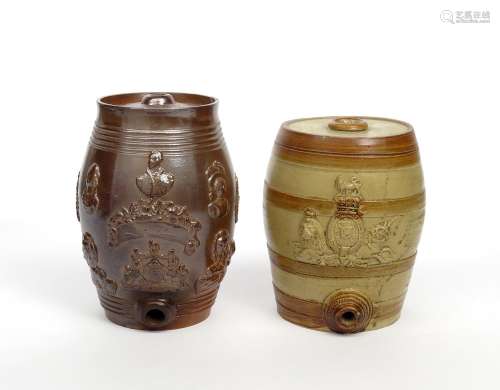 Two brown stoneware spirit barrels 19th century, one sprigged with Royal Portraits, both with the