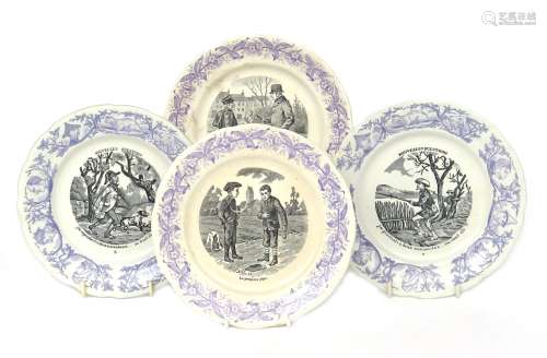 Four Digoin et Sarreguemines pearlware novelty plates early 20th century, printed in black with