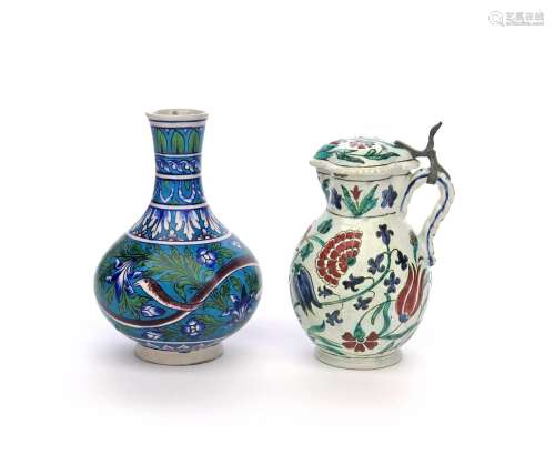 An Iznik-style covered jug 19th century, boldly painted in a typical palette of blue, green, black