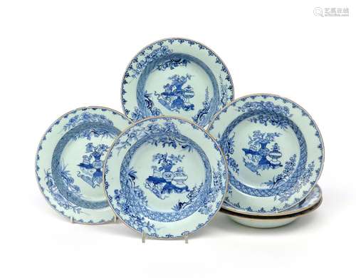 Six Chinese porcelain soup plates Qianlong 1736-95, painted in underglaze blue with vases and tied