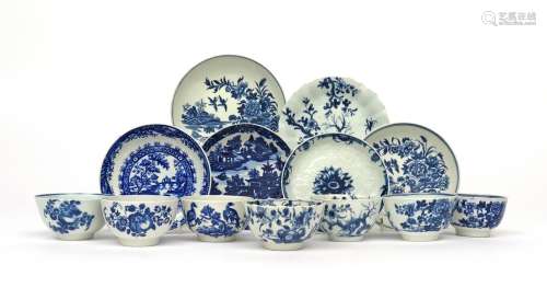 A group of Worcester blue and white teawares c.1760-80, variously printed and painted with