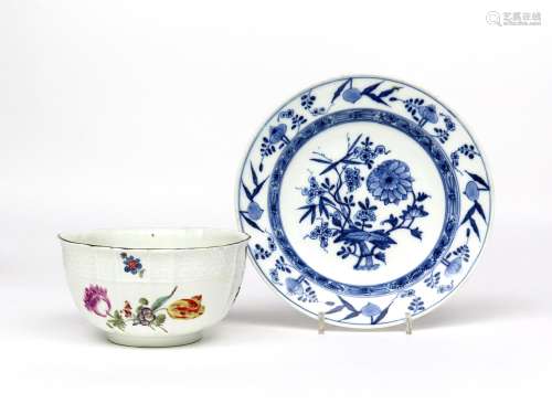 A Meissen plate and a slop bowl mid 18th century, the plate painted in underglaze blue with the