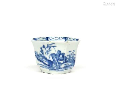 A Worcester blue and white octagonal teabowl c.1756, painted with the Romantic Rocks pattern, a