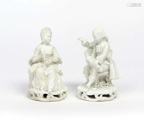 A pair of Derby biscuit porcelain figures of a boy and girl late 18th/early 19th century, after