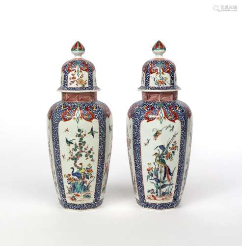 A pair of Samson Chantilly-style vases and covers late 19th century, the octagonal forms painted