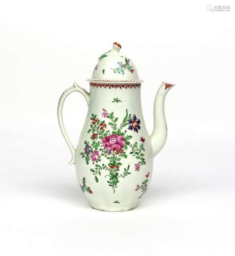 A Lowestoft coffee pot and cover of exceptional size c.1780, painted in polychrome enamels with a