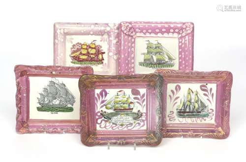 Five Sunderland lustre plaques 19th century, variously printed with ships at sail, one inscribed