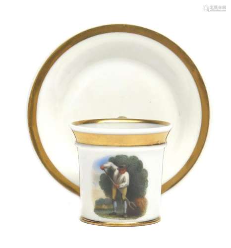 A Chamberlain Worcester miniature cabinet cup and saucer c.1820, the cup painted with a farm