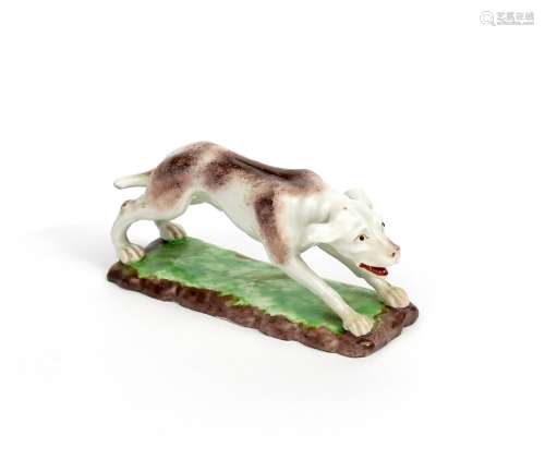 A Frankenthal model of a hunting dog c.1770, depicted chasing its quarry, with mouth agape and