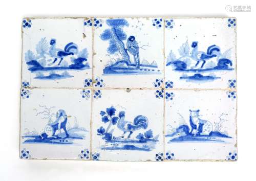 A Delft six tile panel c.1680, each tile painted in blue with a bird or animal, three with