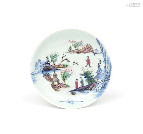 A European-decorated Chinese porcelain saucer 18th century, originally decorated in underglaze