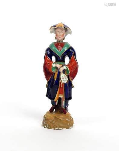 A Dudson Staffordshire figure of a Chinese lady c.1840-50, wearing a bright costume and holding a